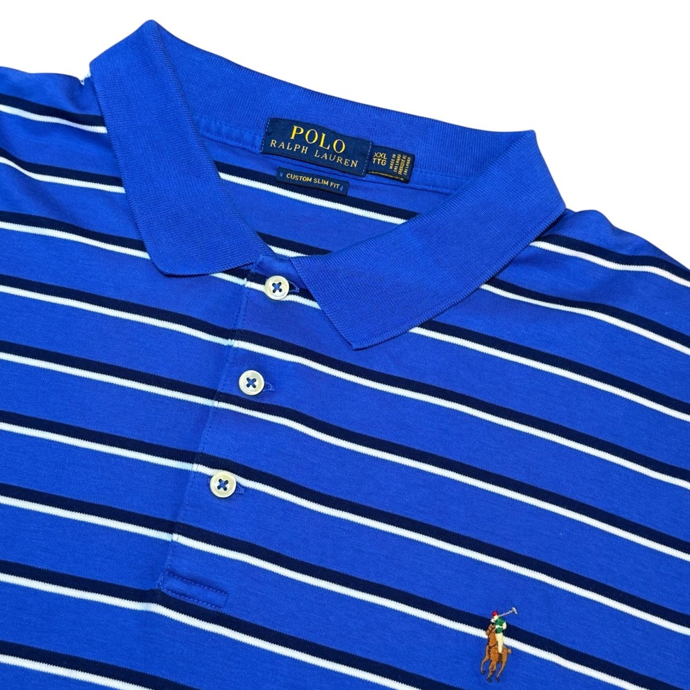 Polo Ralph Lauren Mens XXL Custom Slim Fit Blue Striped Short Sleeve Polo Shirt
